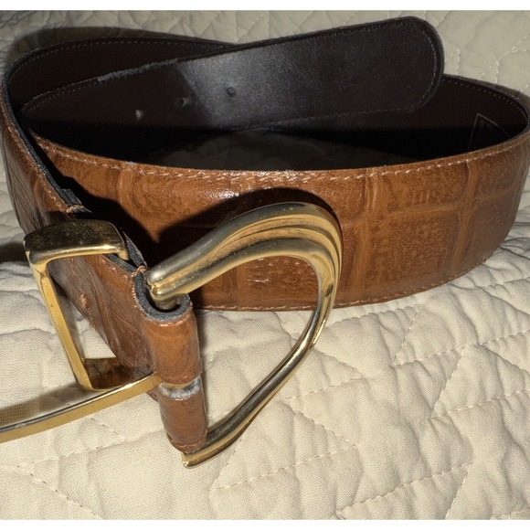 Alligator Grain Embossed Calfskin Belt - Saddle Genuine Leather Belt Medium Italy Made‎ Crocodile Pattern Brown Gold  Statement